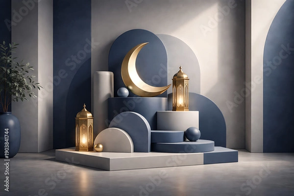 Obraz Serene Blue Crescent Moon Lanterns Abstract