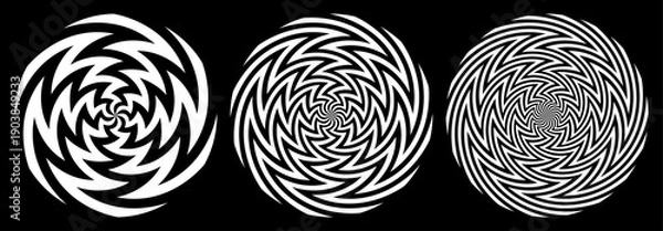 Fototapeta Abstract sharp shapes, spiral vortex black and white vector set.