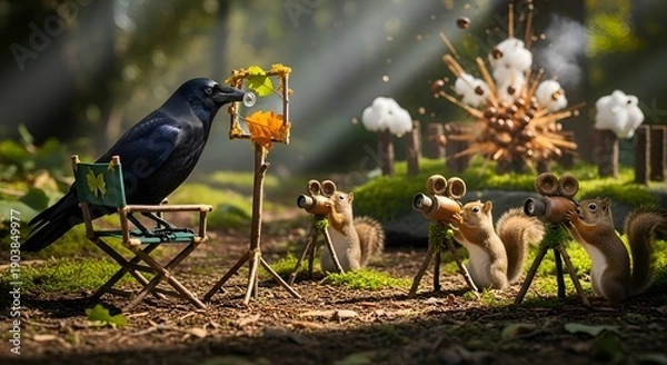 Obraz Crow filming squirrels making art in forest studio