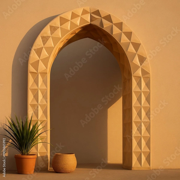 Obraz Unique architectural arch with geometric pattern and simple plants in a warm setting