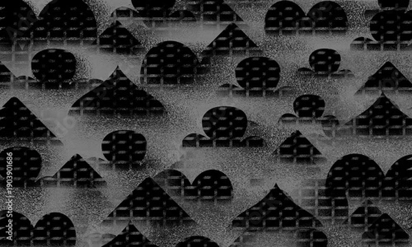 Obraz 灰の色の地上からたくさんの形のオブジェクトが突き出していてぼかしやざらざらとした質感の表面の部分もある幻想や抽象的な模様の柄のデザインの装飾、背景、壁紙、テクスチャに利用できるグラフィックの素材