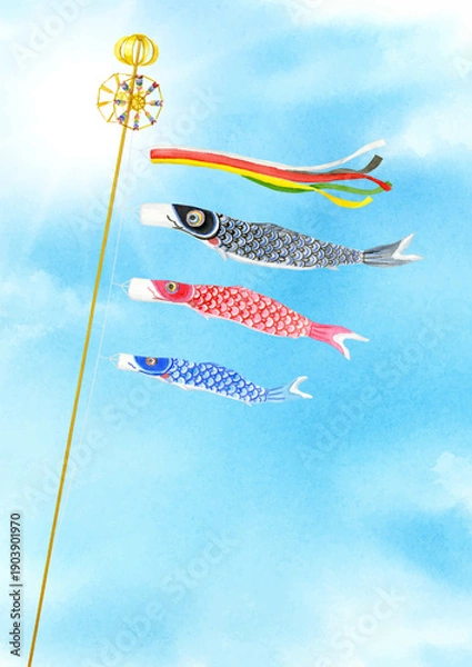 Obraz 空を泳ぐ鯉のぼりの水彩イラスト