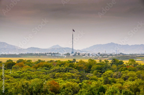 Fototapeta DMZ, SOUTH KOREA - 26 September 2014: North Korean ghost town, seen on the border with North Korea in the demilitarized zone. (DMZ)