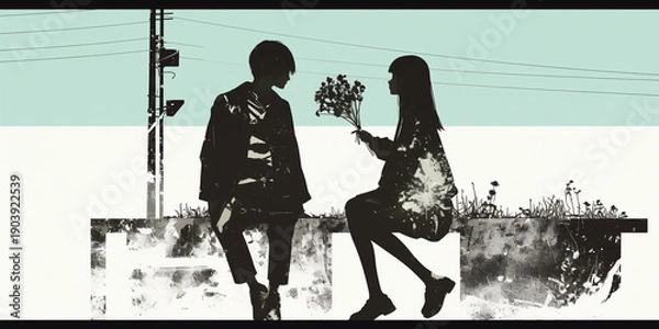 Obraz 花を贈る男女のシルエット