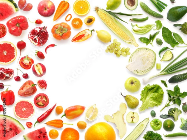 Obraz Frame of various vegetables and fruits isolated on white background with empty space for text, top view, flat lay. Concept of healthy eating. 