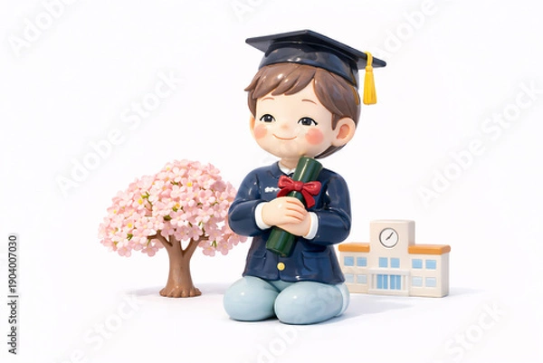 Obraz 卒業・学位取得を祝う学生｜桜と学びのシンボル・白背景