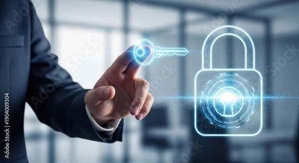 Obraz Businessman's hand touching a virtual key entering a lock, representing problem solving and unlocking potential.