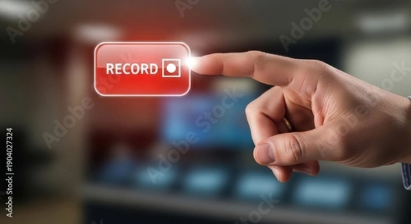 Obraz Hand pressing a virtual Record button, representing documentation and archiving important sessions.