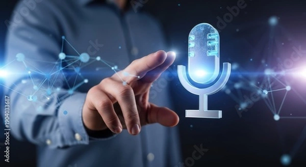 Obraz Professional hand touching a floating microphone icon, representing voice command technology and audio recognition systems.