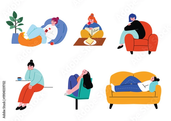 Fototapeta 部屋でくつろぐ女性のイラストセット