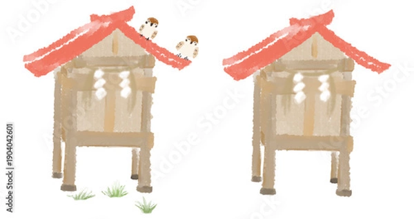 Obraz クレヨンで描いた神社、おやしろのベクターイラスト