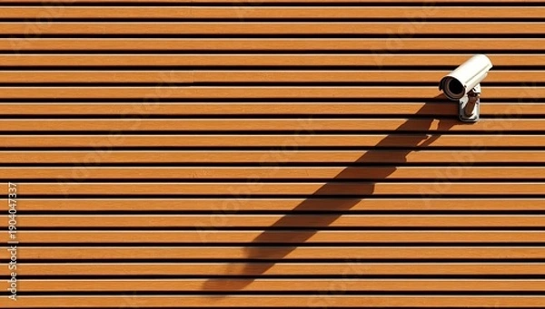 Obraz Security camera mounted on a slatted orange wall casting a long shadow