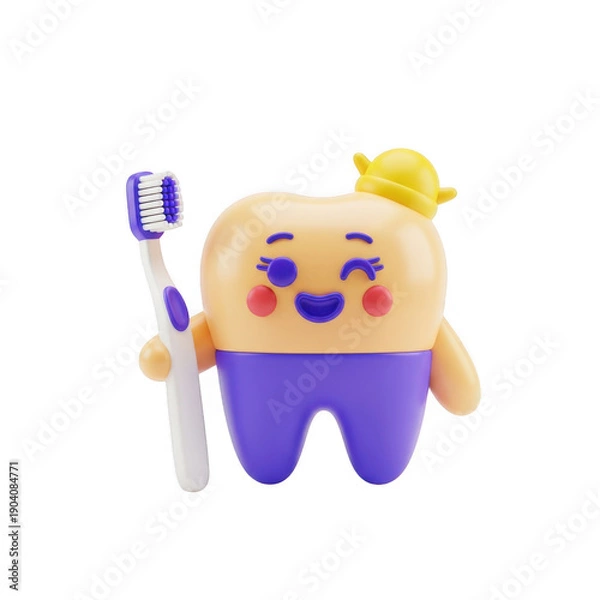 Obraz 3d rendered happy tooth with toothbrush