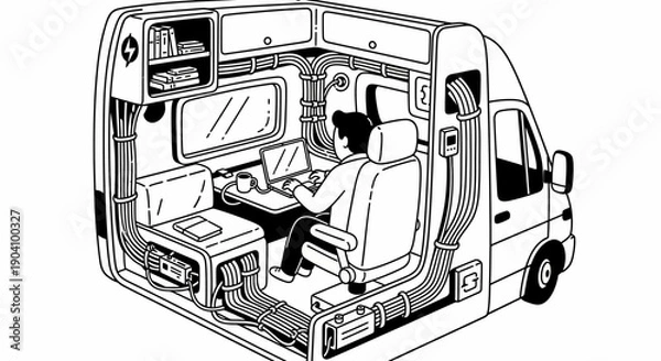 Obraz Man Working Inside a Van Interior.