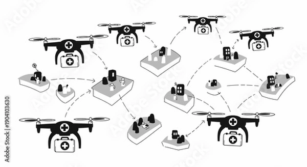Fototapeta Multiple Drones Connected in Network System.