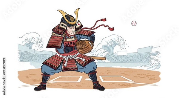 Obraz 打席に立つ野球選手の浮世絵風全身図