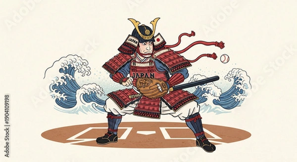 Obraz 荒波を背に構える赤甲冑の侍野球選手・浮世絵イラスト
