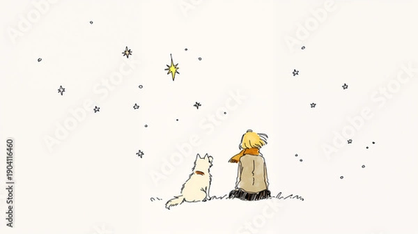 Obraz 星を見上げる犬と女の子