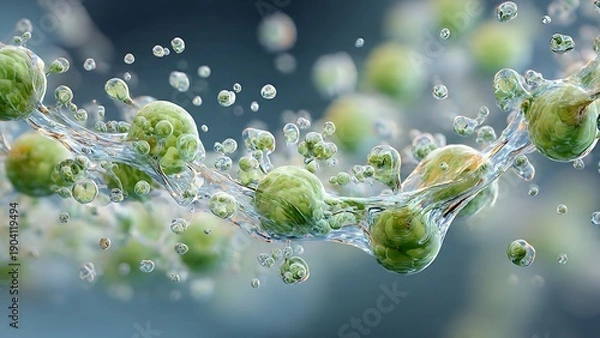 Obraz Molecular Chain Dissolving in Liquid with Bubbles and Green Elements