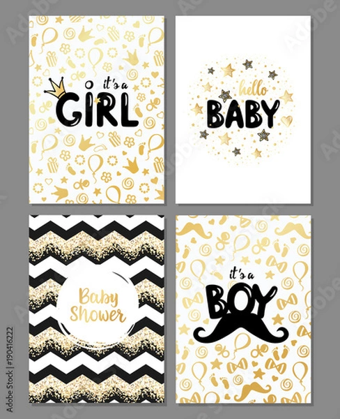 Obraz Vector set of baby shower cards. It's a girl, it's a boy card. Hello baby card. Gold design. Baby shower posters set. Vector invitation with cute kids pattern. Baby arrival and shower collection.