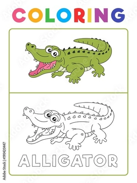 Obraz Funny Alligator Crocodile Animal Coloring Book with Example. Preschool worksheet for practicing fine colors recognition skill. Vector Cartoon Illustration for Children.