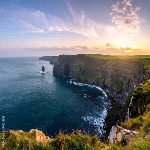 Obraz Dramatic cliffs plunge into ocean, sunset paints the sky