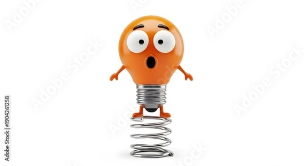 Obraz Surprised lightbulb character standing on a coiled wire spring.