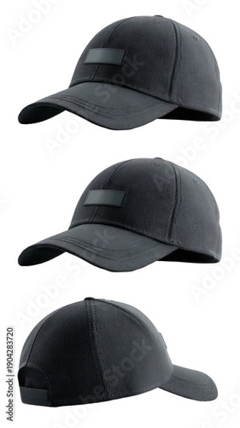 Obraz Three identical, blank, black baseball caps shown from different angles