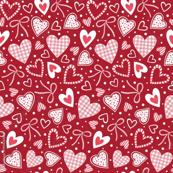 Obraz Seamless Valentine Heart And Bow Pattern On Red Background