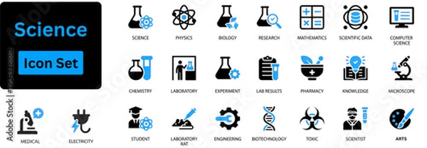 Obraz Science solid icon set contain microscope display, atom model, chemical flask, physics demo icon, space. Science and education tools solid icon set for learning and research projects