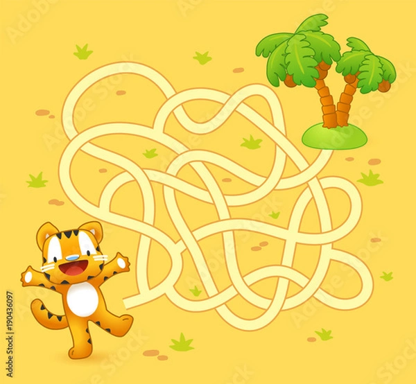 Obraz Help tiger cub find path to palm. Labyrinth. Maze game for kids