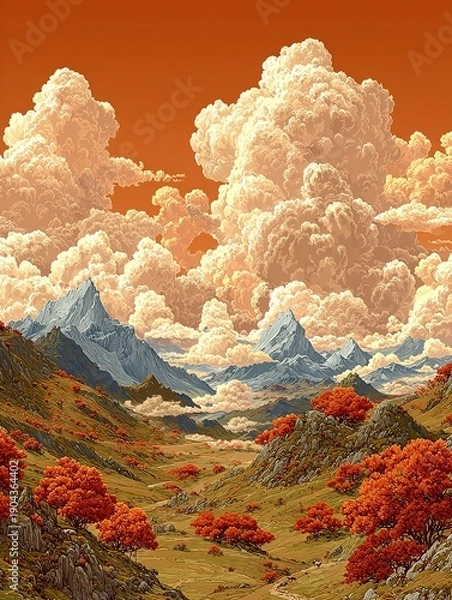 Obraz オレンジ色の空と赤い木々のある日本の背景。