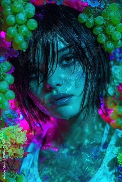 Obraz シュールな草原に緑のブドウを垂らした少女。