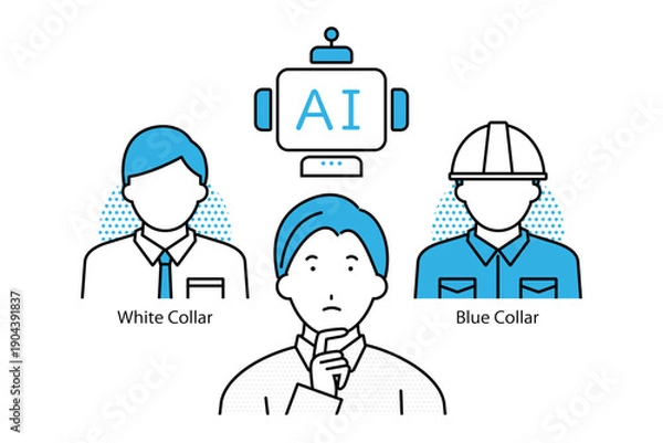 Fototapeta AIが進化し続ける状況下でホワイトカラーとブルーカラーのどちらの職業に就くかを迷う若い男性のイラスト