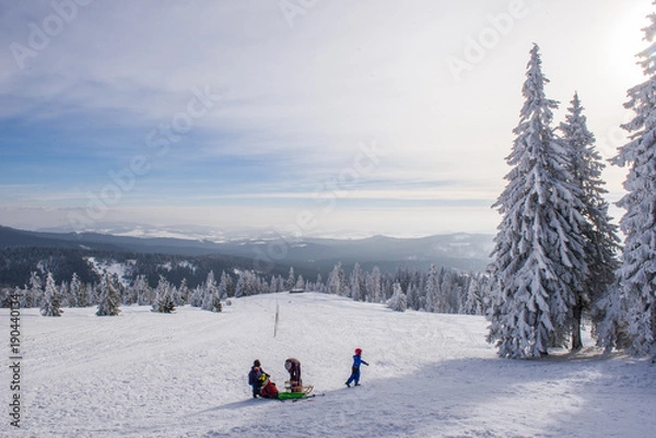 Obraz Zima w górach i rodzinna zabawa na sankach w śniegu.