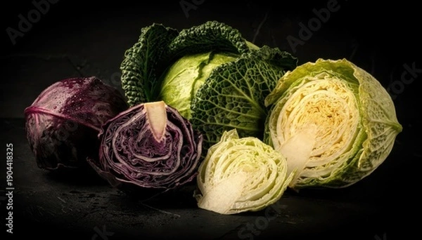 Obraz Vibrant Cabbage Collection on Dark Background