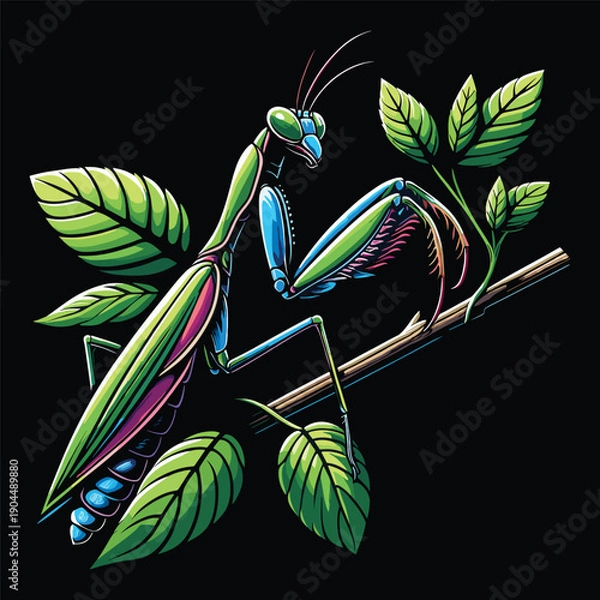 Obraz Mantis on Branch Vector Design