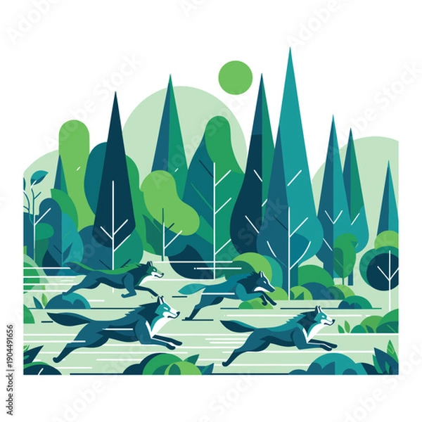 Obraz Wolf Pack Running In Forest Vector Design