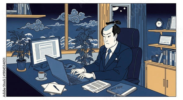 Obraz 残業する侍：現代オフィスでパソコンを打つ浮世絵風の男