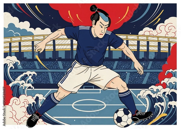 Obraz 華麗なボールタッチ：浮世絵スタイルの侍によるサッカーアクション