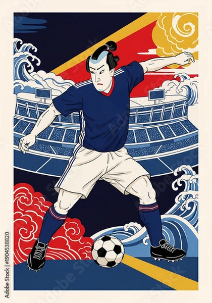 Obraz 浮世絵風のイラスト：サッカー選手・侍が魅せる幻想的なサッカーアクション