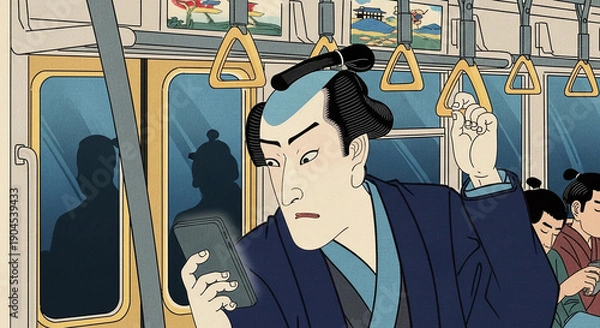 Obraz イラスト：電車でスマホを操作する男性・現代の通勤風景