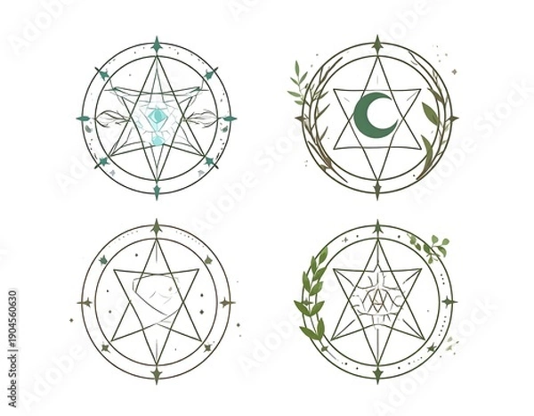 Obraz Four circular designs featuring interconnected star-like patterns and natural elements