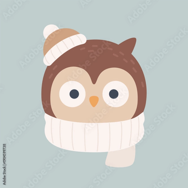 Obraz Cute Winter Owl Head with Hat and Scarf Flat Vector