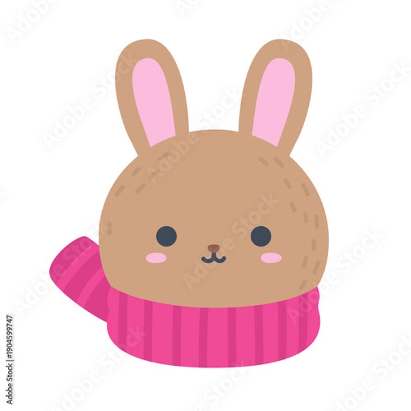 Fototapeta Cute Winter Rabbit Head with Scarf Flat Vector