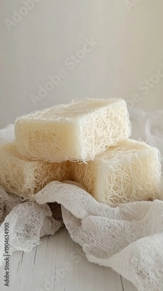 Obraz Stacked, translucent, natural sponge-like soap bars.