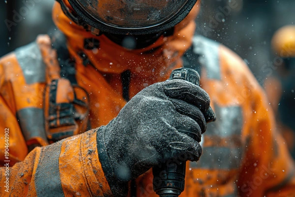 Obraz A Construction Worker Using Power Tools on Site