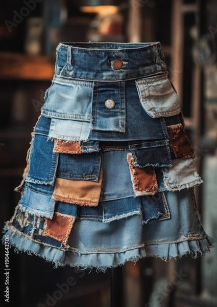 Obraz Multi-layered denim patchwork skirt.