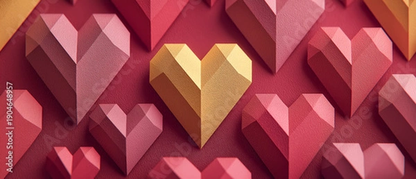 Obraz 低ポリゴンのハートが並ぶ背景　差し色のゴールドで特別感