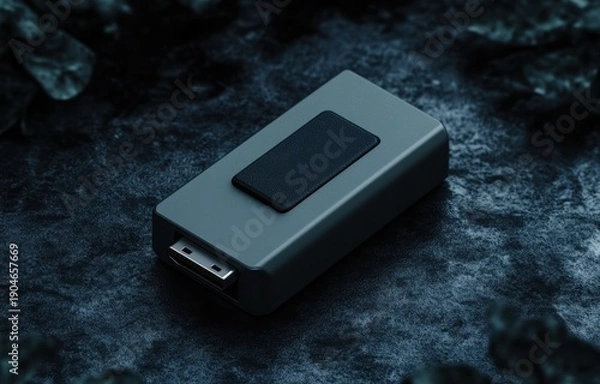 Obraz Gray rectangular portable data storage device rests on dark stone.